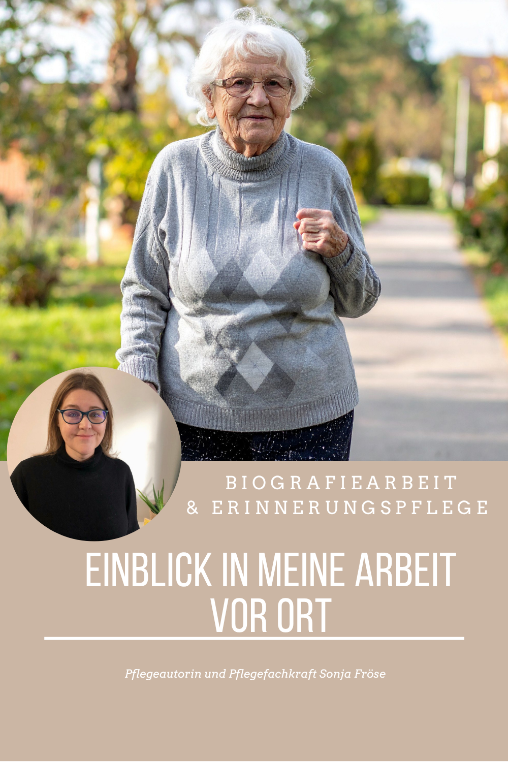 Seniorin geht durch einen Park.